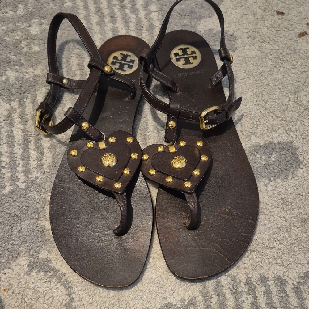 Tory Burch Brown Leather Sandals with Heart Accents 8